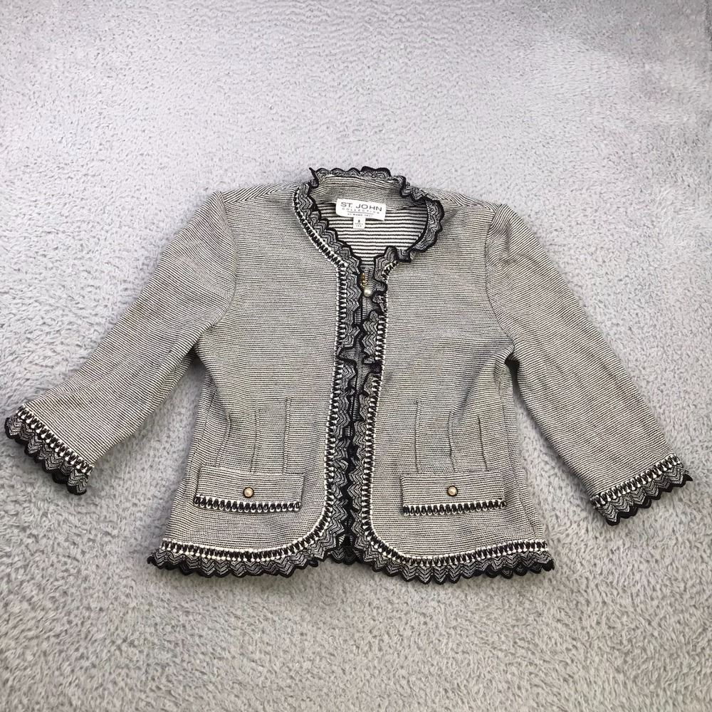 St John Collection Jacket Womens 2 Striped Knit Ruffle Trim Full Zip Cardigan